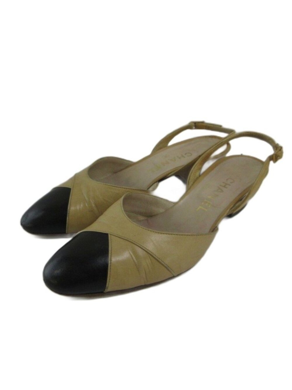 Chanel Pumps Leather Almond Toe Low Heels Slingback Bicolor Beige Black 6